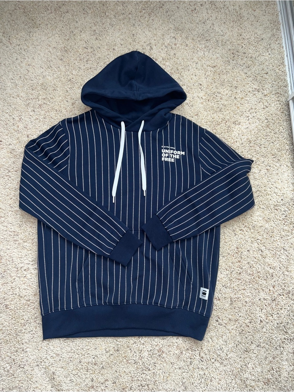 G-Star Navy Pinstripe Pullover Hoodie with White Drawstrings
